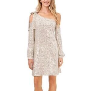CeCe Womens Dress Medium NWT Bow Shoulder Long Sleeve Sequin Champagne Cocktail